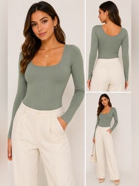 Dynamic Sage Green Long Sleeve Scoop Neck Bodysuit One Size NWT